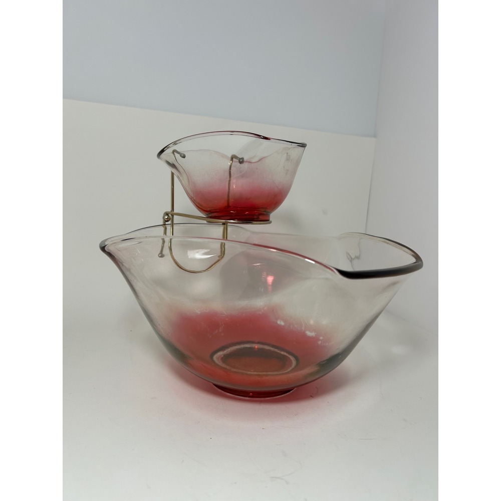 Vintage MCM Cranberry Red Ombre Glass‎ Chip and Dip Bowl Set with Metal Bracket